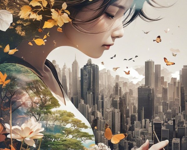 Serene Woman Merging Nature with Urban Elements
