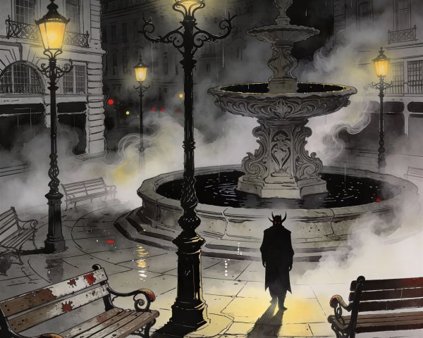 Gothic Street Light and Demon Figure in Town Square
