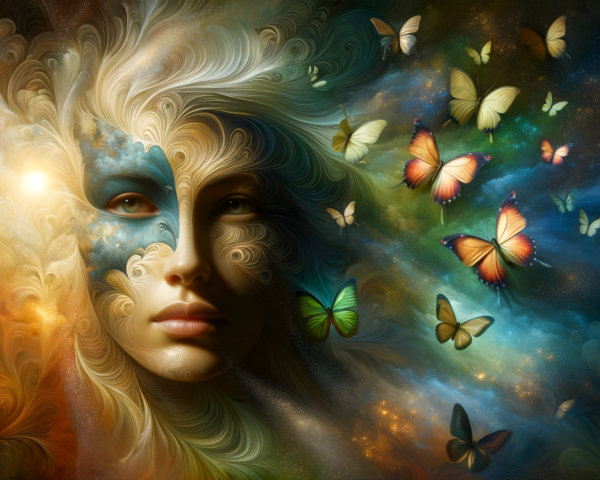 Ethereal face with vibrant butterflies and swirling colors