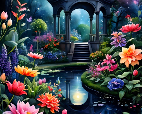 Vibrant Garden with Pond and Gazebo Under Starry Sky