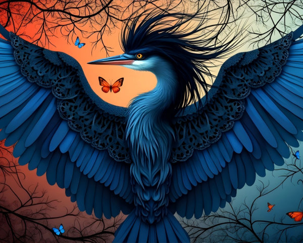 Blue-feathered bird with intricate wings and butterflies
