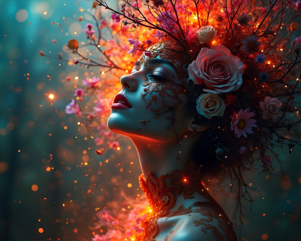 Mystical Woman in Floral Crown Surrounded by Bokeh