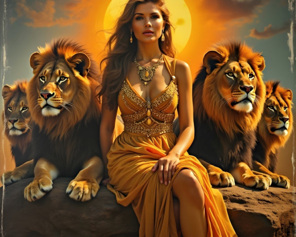 Woman in Golden Gown with Lions at Sunset