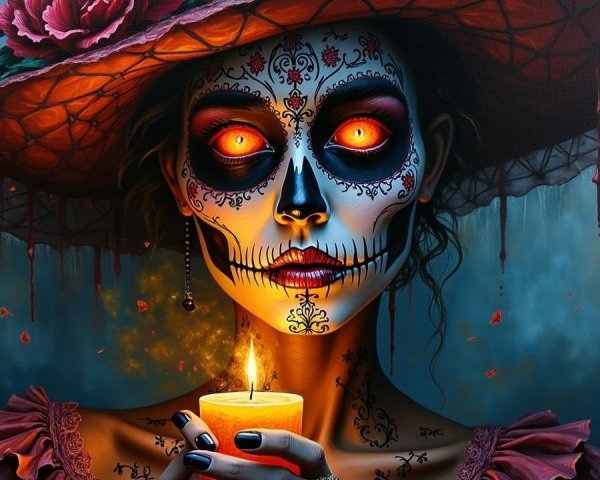 Traditional Figure with Sugar Skull Makeup and Candle