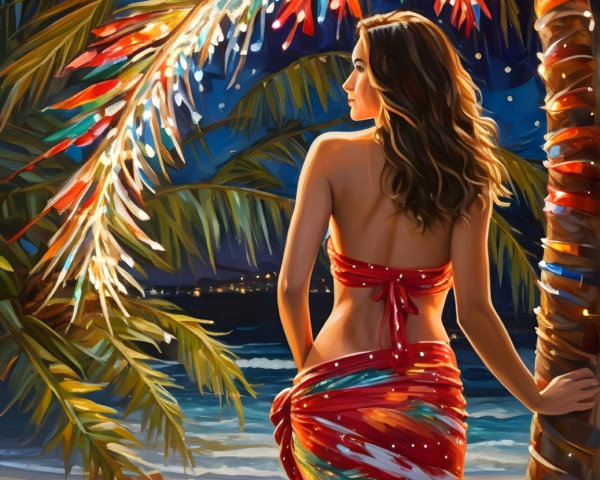 Woman in Colorful Sarong on Night Beach Scene