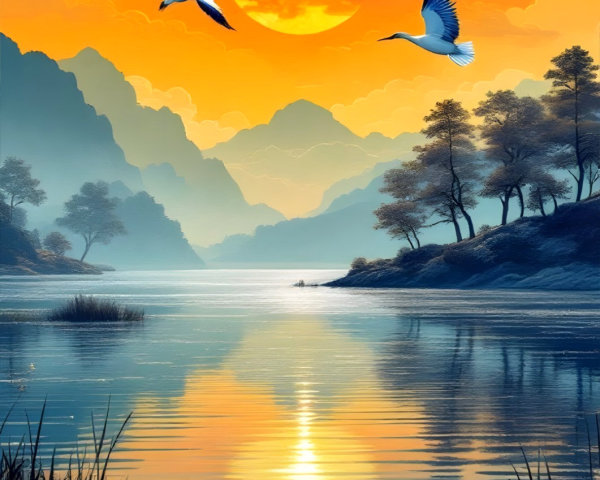 Serene landscape with vibrant sunset and calm lake