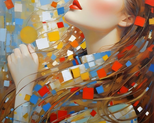 Serene Woman Surrounded by Colorful Abstract Mosaic