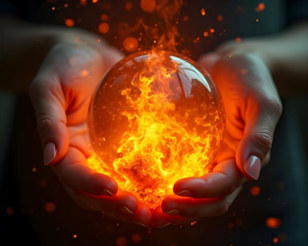 Hands Cradling a Glowing Orb of Vibrant Flames
