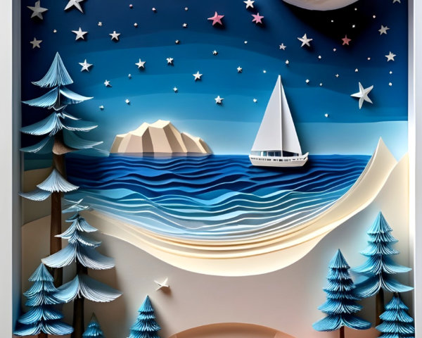 3D Paper Art of Coastal Landscape at Night