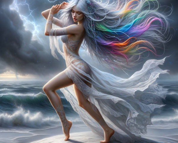 Mystical Figure Dancing on Rocky Shore with Stormy Skies