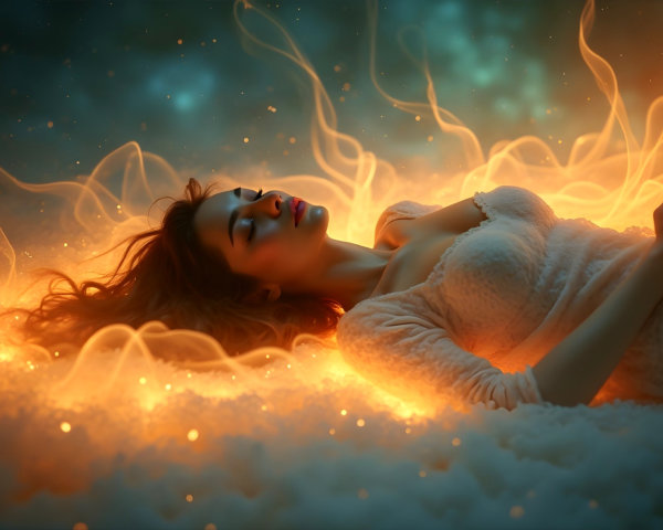 Serene Woman Surrounded by Golden Ethereal Flames