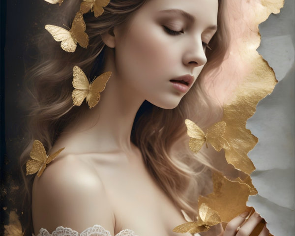 Close-up Portrait of a Woman with Butterflies and Lace