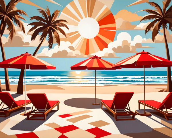 Vibrant Beach Scene with Red Lounge Chairs and Umbrellas
