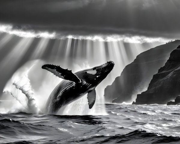 Humpback Whale Breaching Against Rugged Cliffs