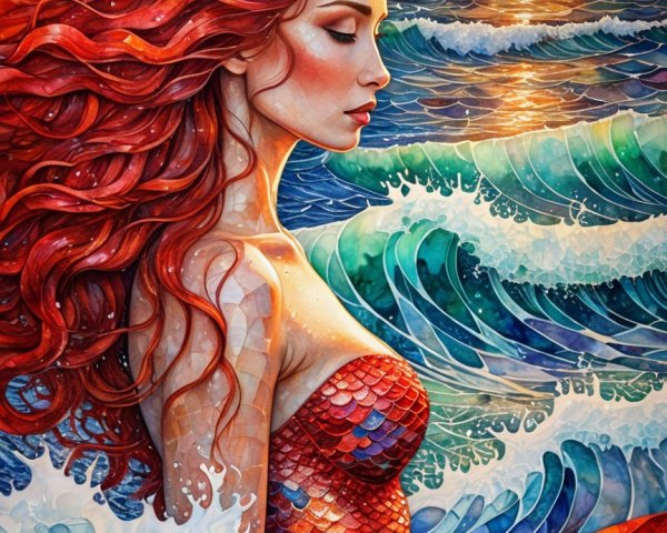 Mosaic Illustration of a Serene Mermaid at Sunset