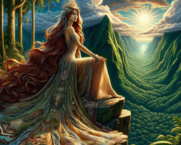 Majestic Figure in Gown Overlooking Scenic Valley
