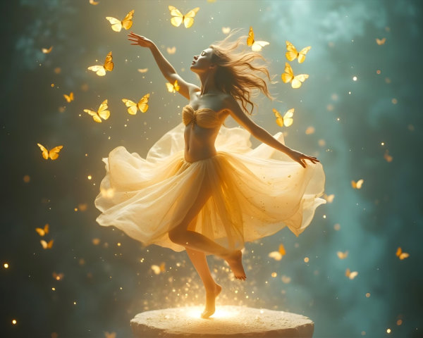 Dancer in Yellow Dress Surrounded by Butterflies