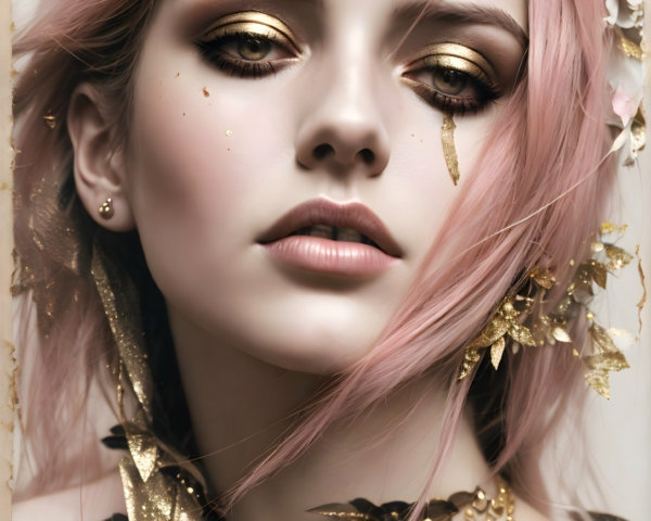 Portrait of a Woman with Pastel Pink Hair and Gold Accents