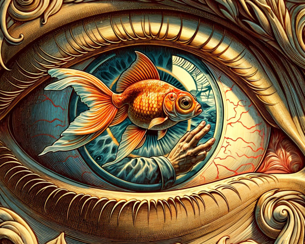 Detailed Eye with Goldfish and Organic Patterns