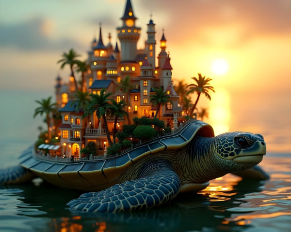 Turtle with Illuminated Castle at Sunset Scene