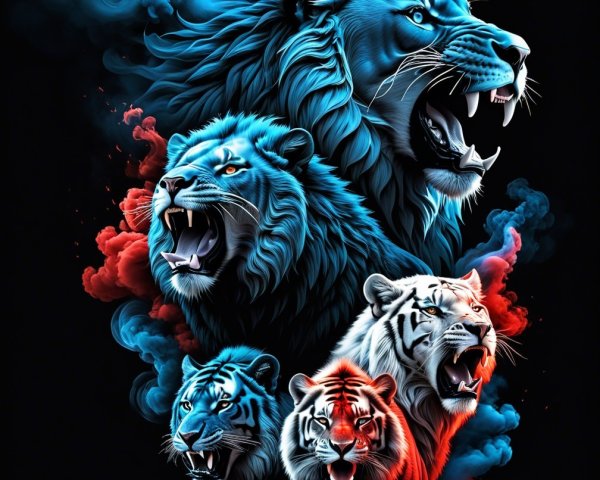 Fierce Lions and Tigers in Vivid Colors and Mist