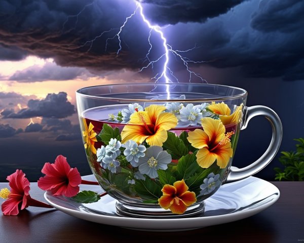Vibrant Flowers in Glass Cup Against Stormy Sky
