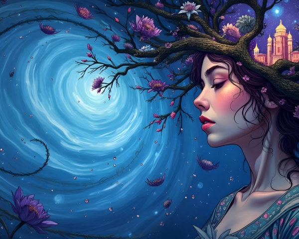 Woman in a dreamlike setting with blue vortex and blossoms
