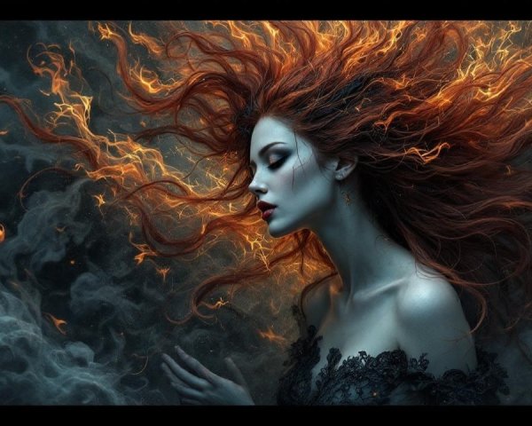 Portrait of a woman with red hair and dark attire