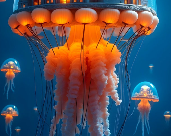 Surreal Underwater Scene with Jellyfish and Castle