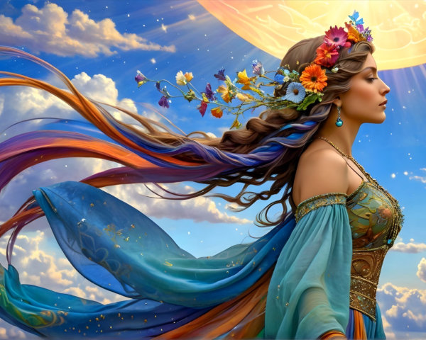Serene Woman in Teal Gown Surrounded by Nature