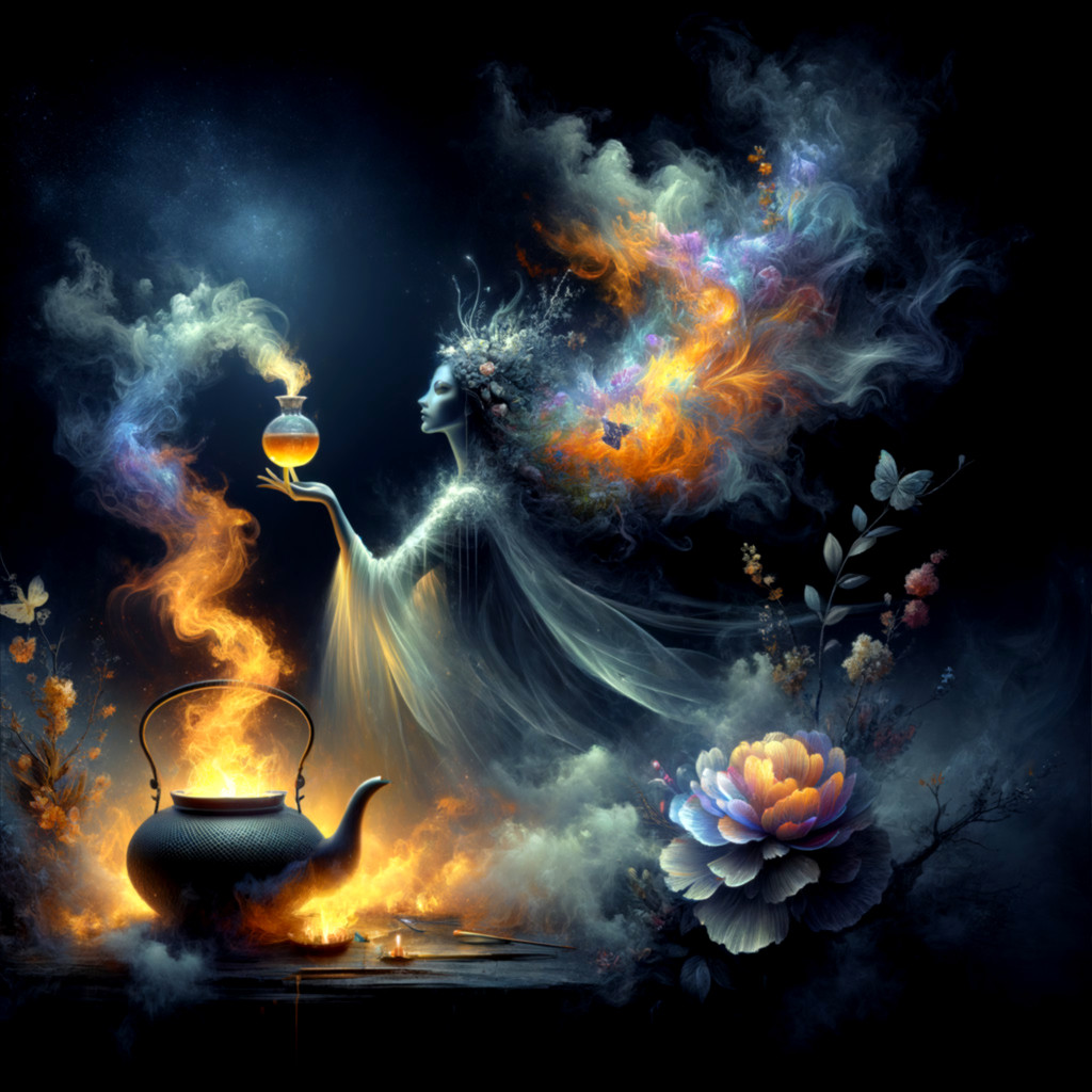 Mystical figure with glowing potion in vibrant scene