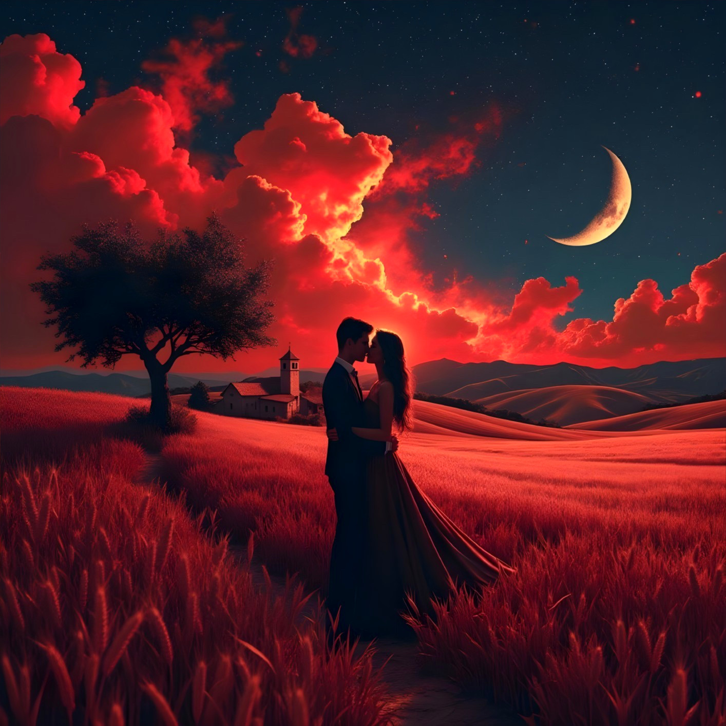 Crimson Sunset Over Couple in Vibrant Red Landscape