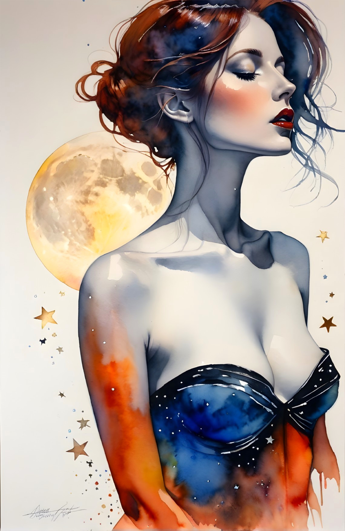 Watercolor portrait of a serene woman with moonlit backdrop