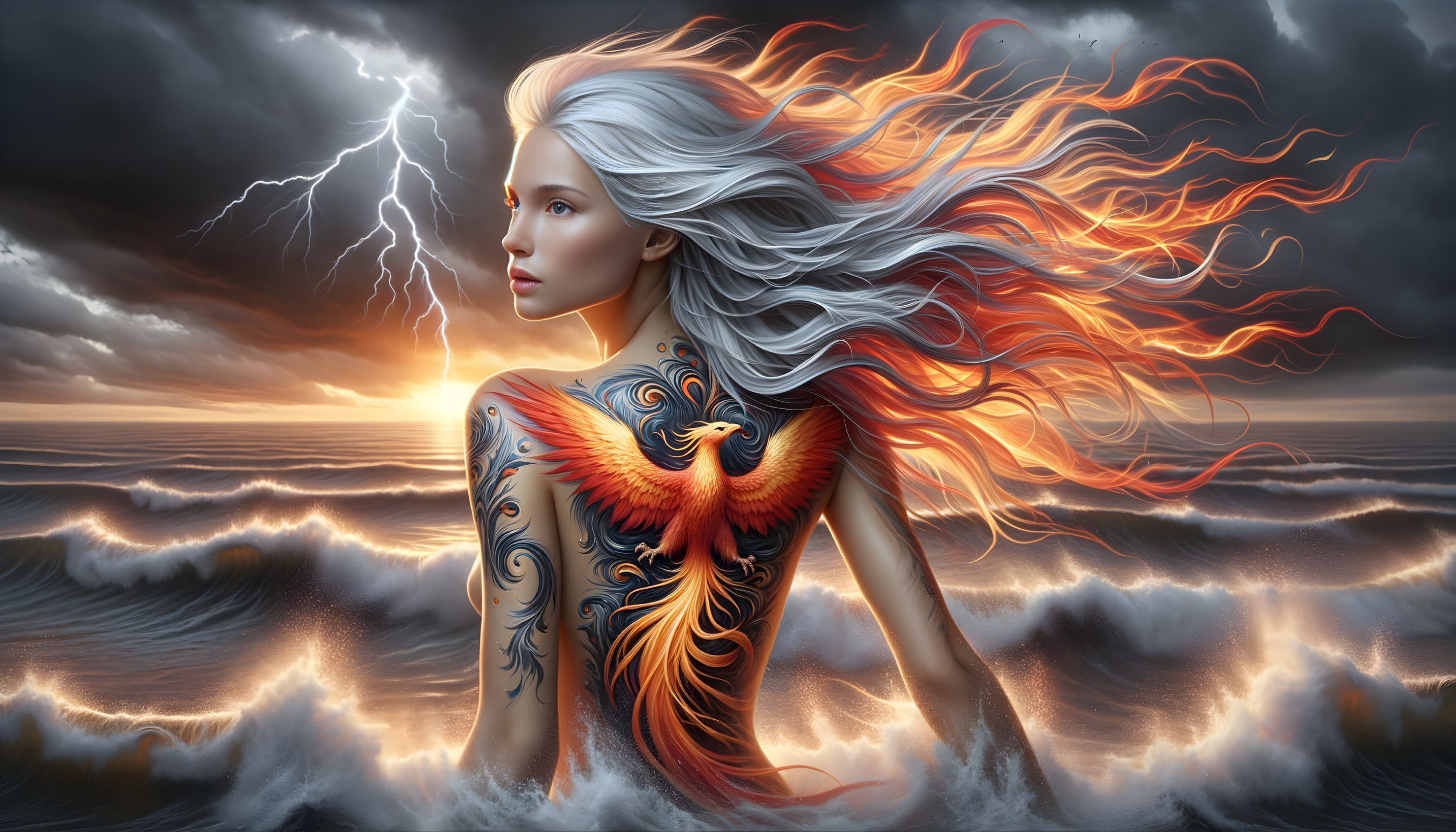 Woman with Long Hair and Body Art by Stormy Seas