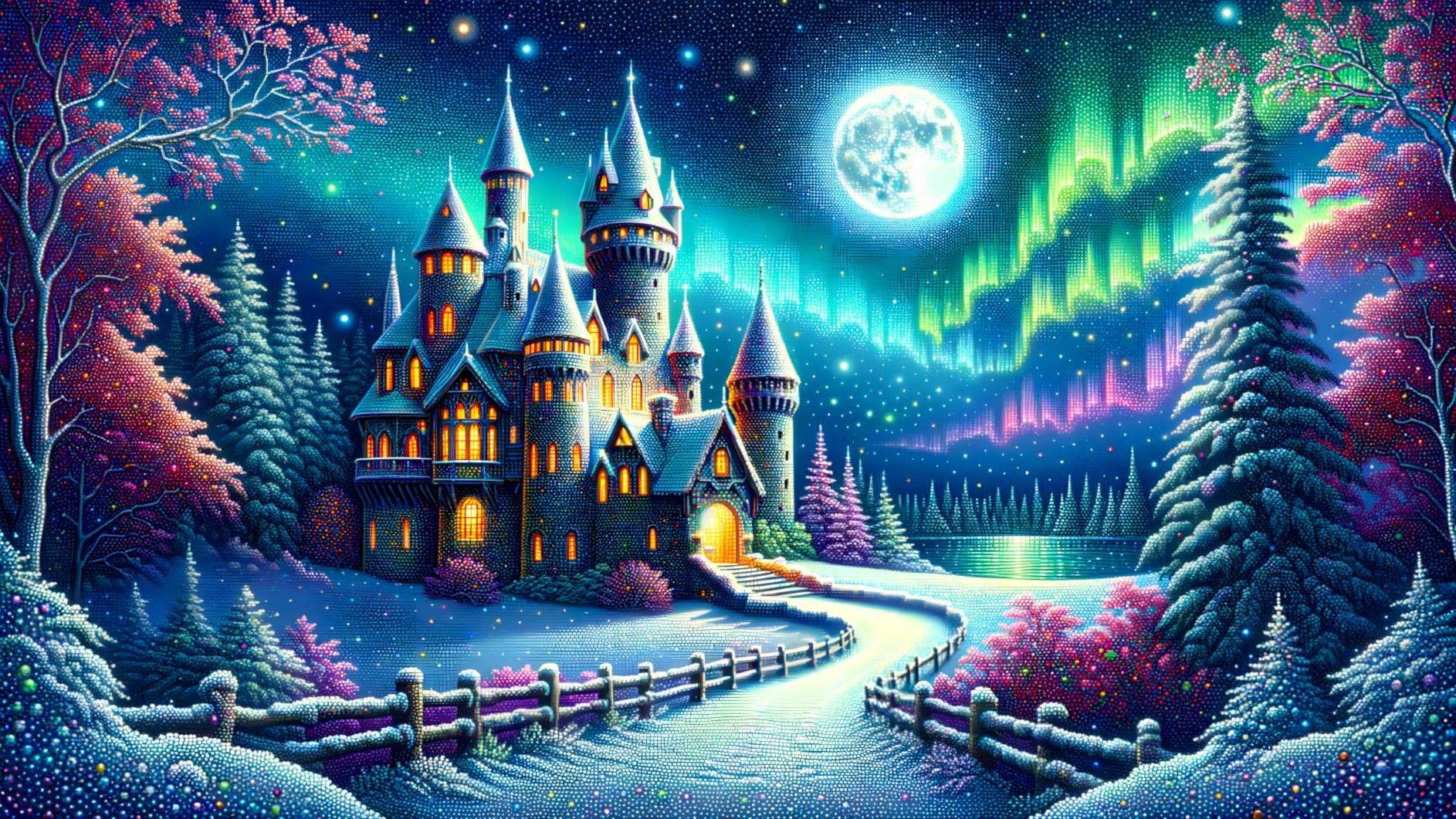 Majestic castle in a winter landscape with auroras