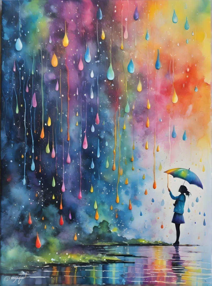 Silhouette with Umbrella in Colorful Rain Scene