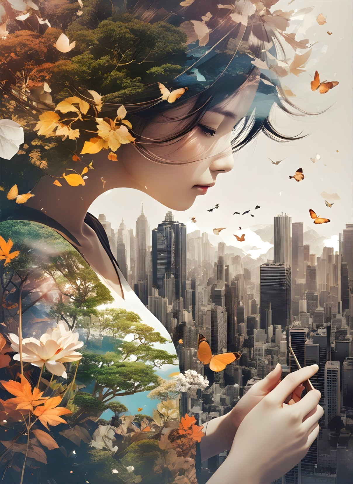 Serene Woman Merging Nature with Urban Elements