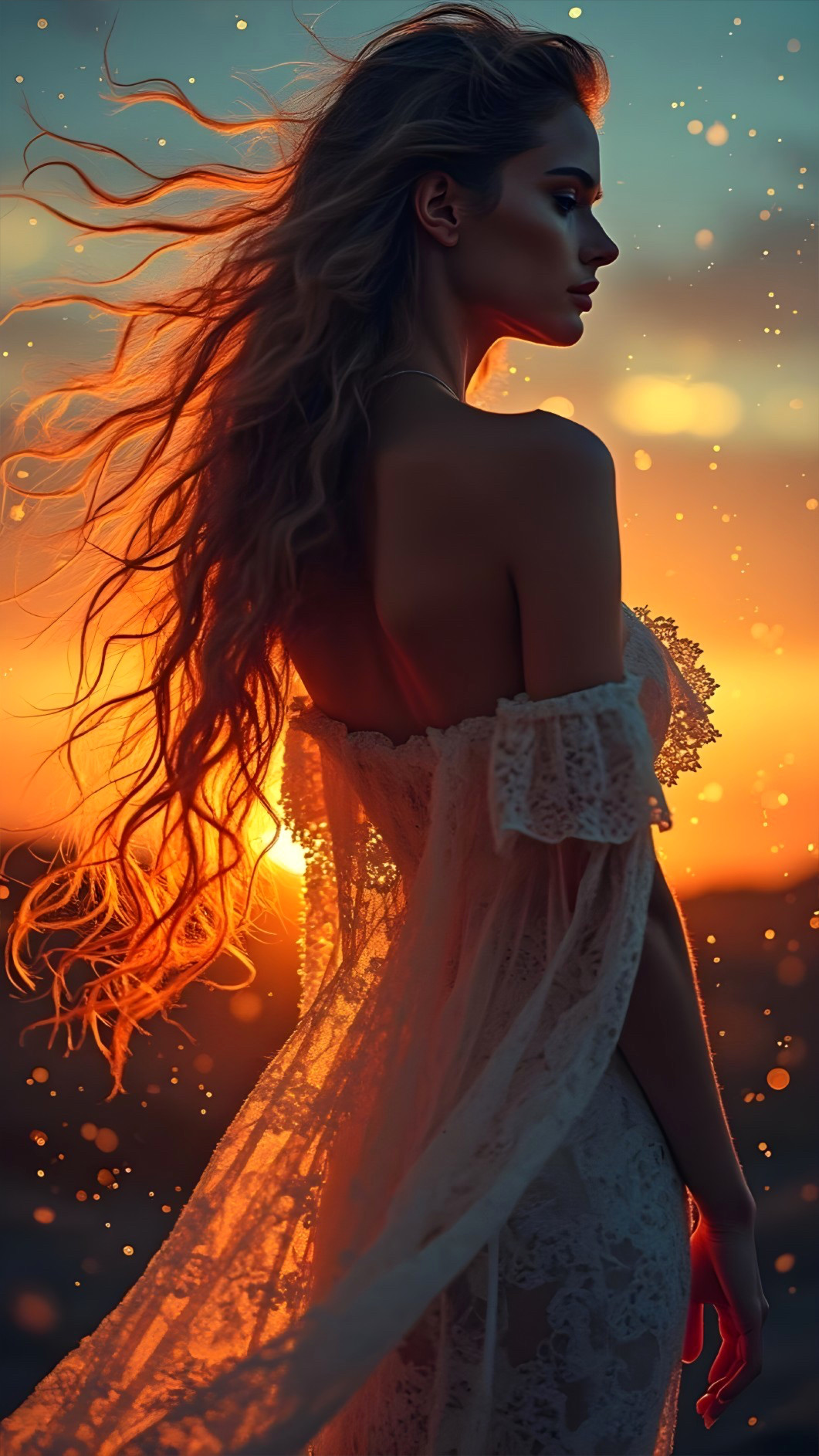 Silhouetted Woman at Sunset with Flowing Hair and Dress
