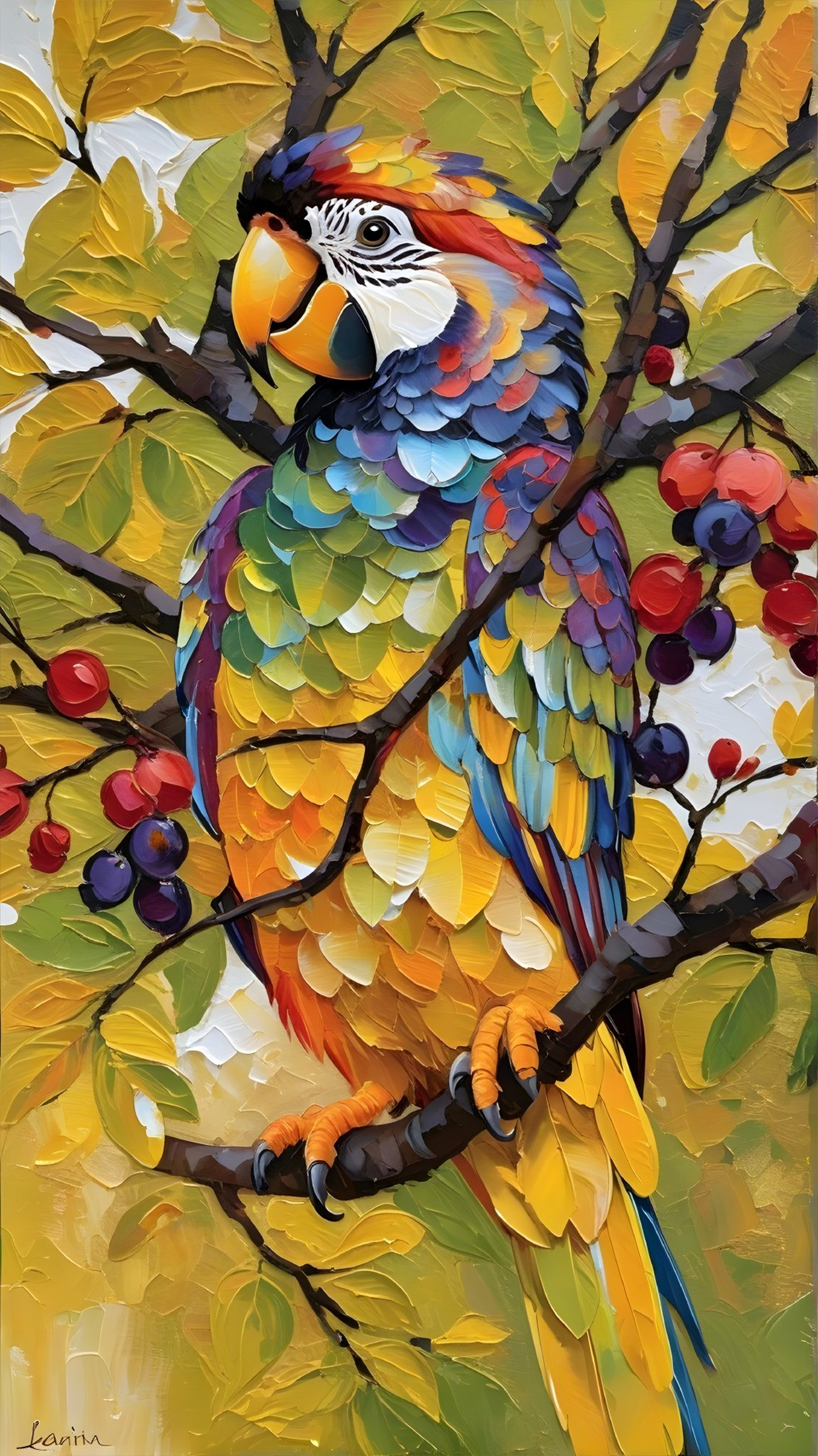 Vivid Parrot on Branch with Autumn Leaves and Berries