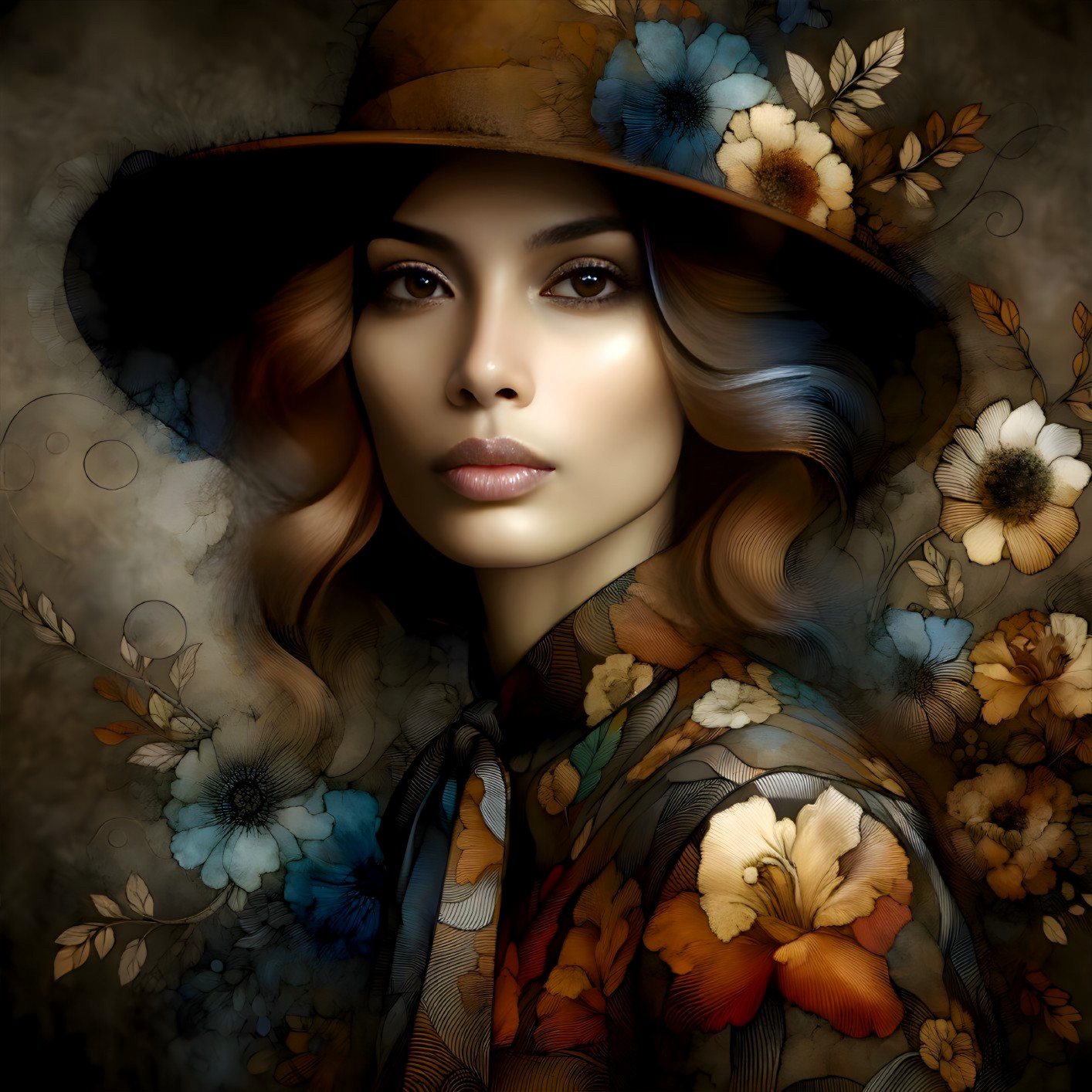 Styled Woman with Floral Patterns and Wide-Brimmed Hat