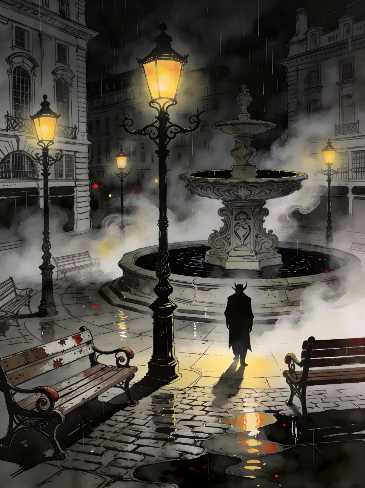 Gothic Street Light and Demon Figure in Town Square