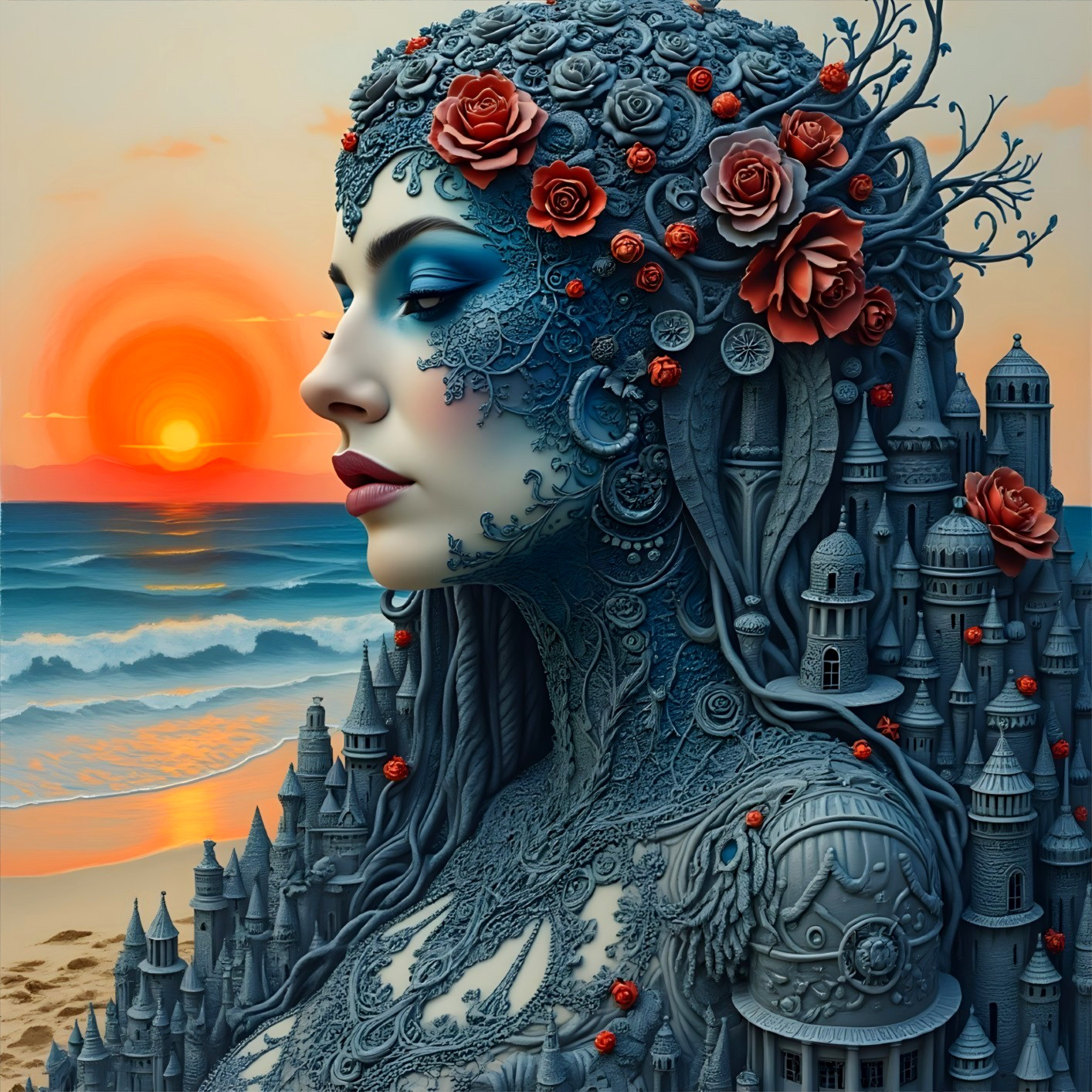 Mystical figure with patterns against sunset and castle