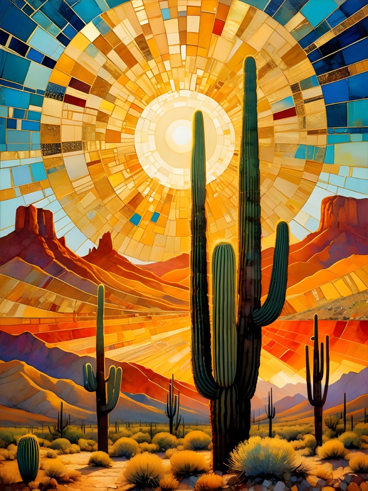 Vibrant Desert Landscape at Sunset with Cacti
