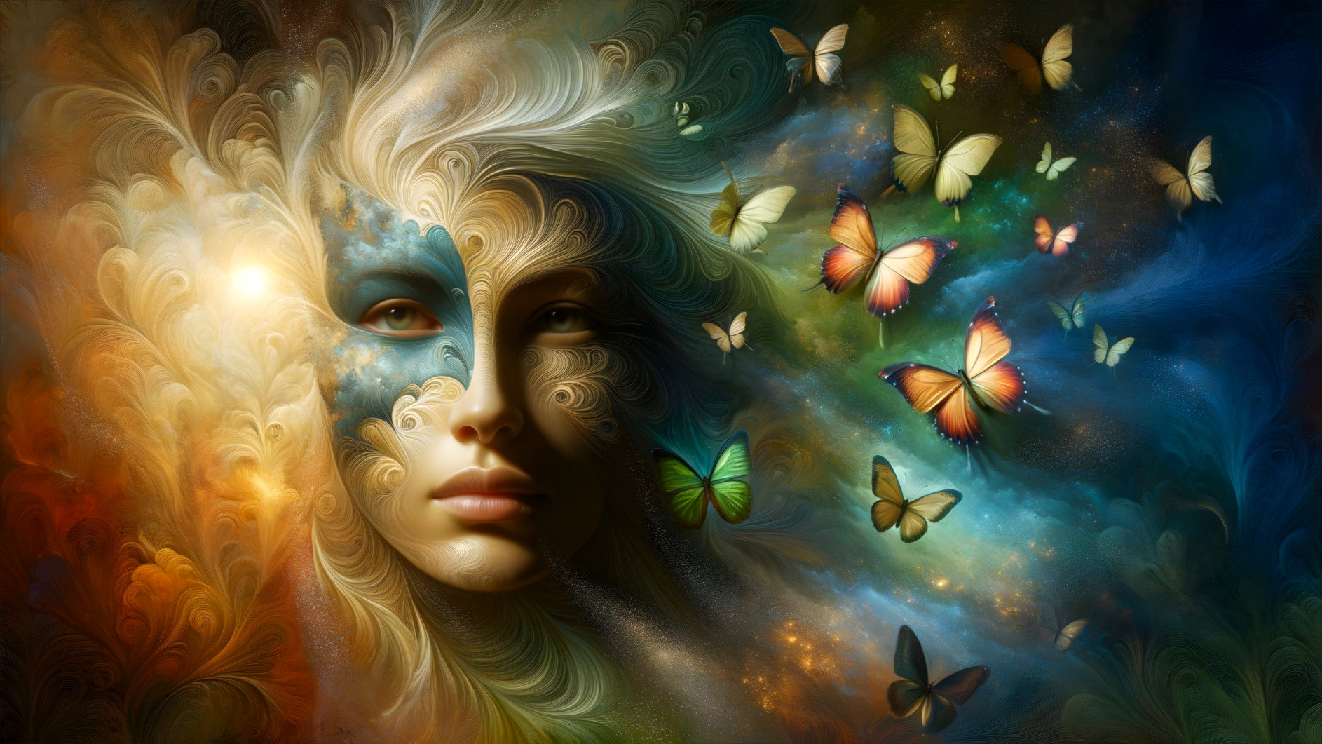 Ethereal face with vibrant butterflies and swirling colors