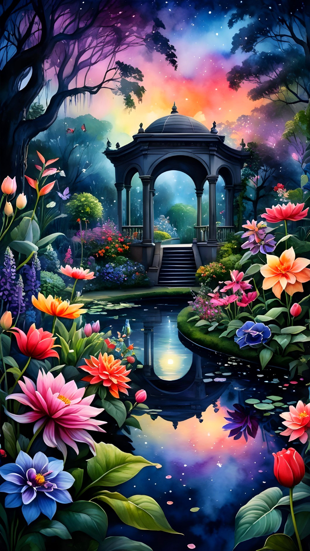 Vibrant Garden with Pond and Gazebo Under Starry Sky