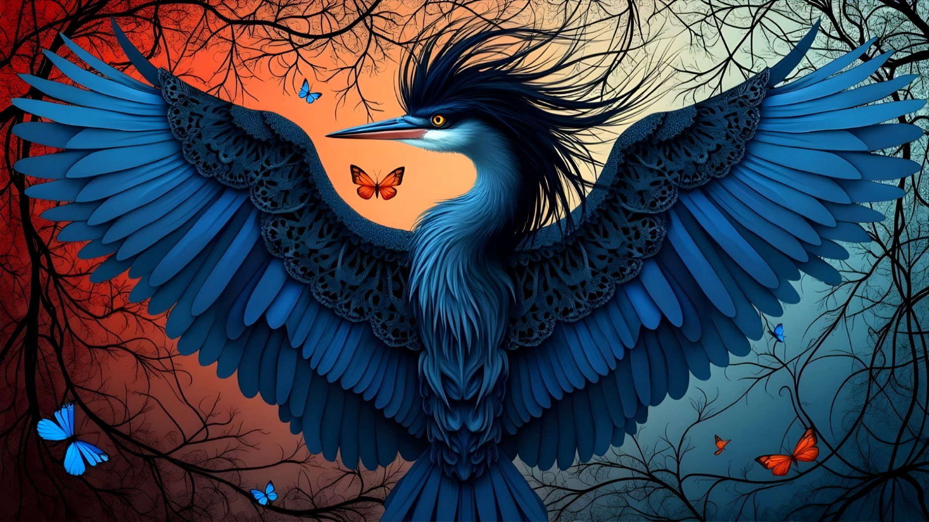 Blue-feathered bird with intricate wings and butterflies