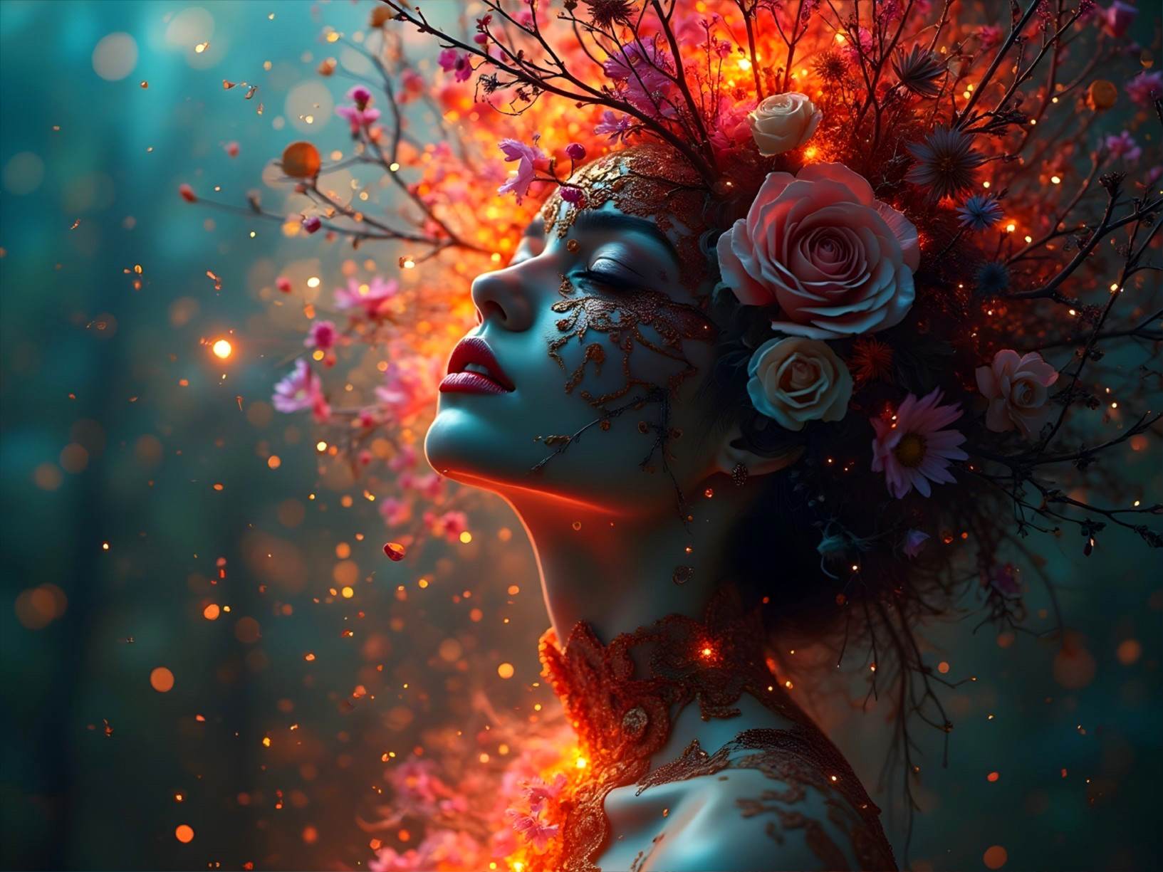 Mystical Woman in Floral Crown Surrounded by Bokeh