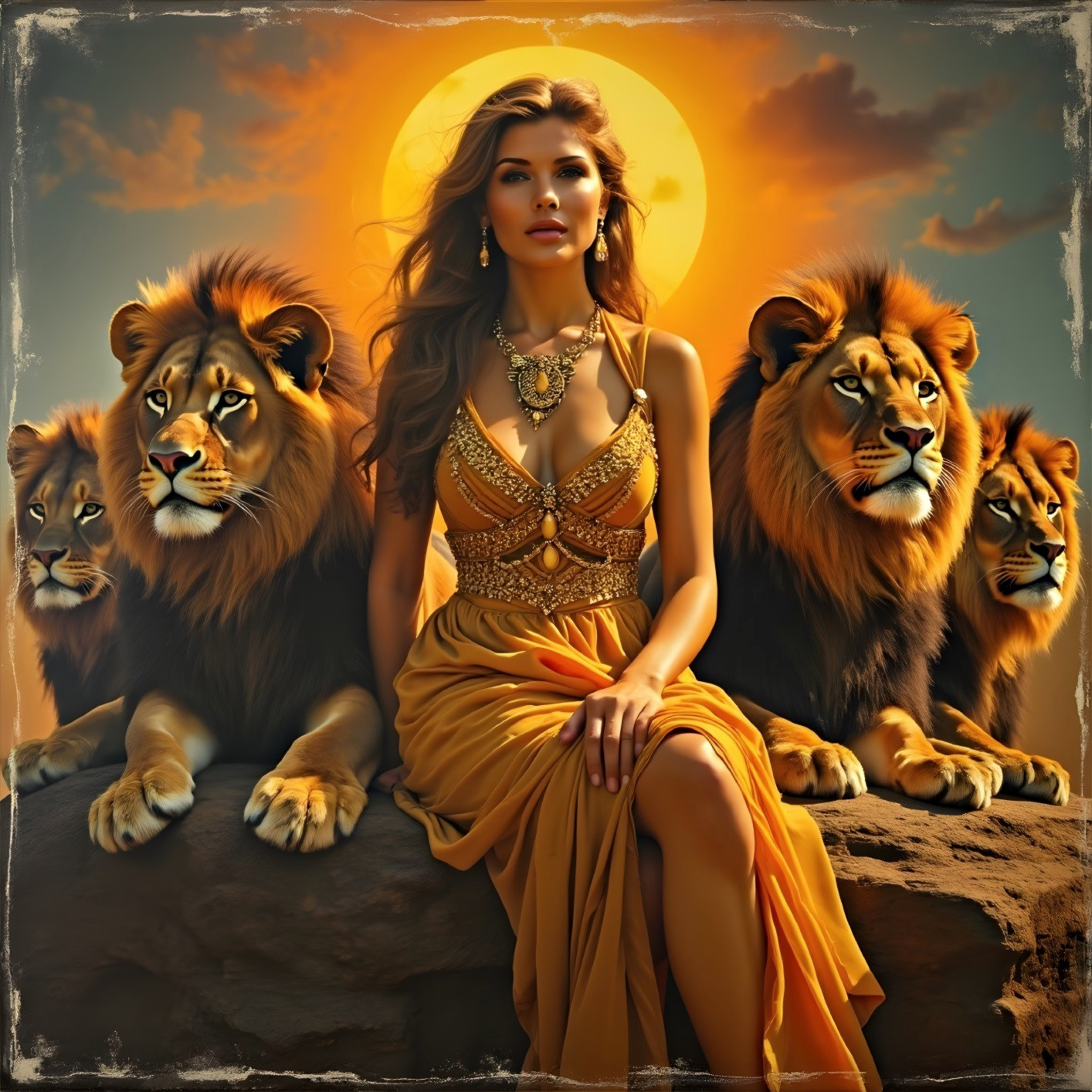 Woman in Golden Gown with Lions at Sunset