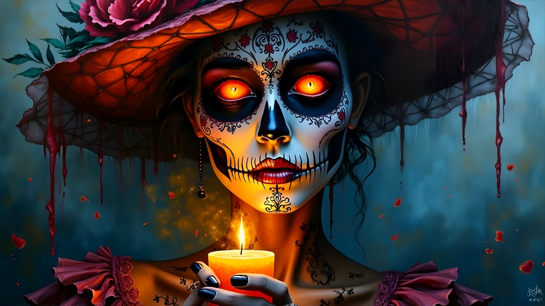 Traditional Figure with Sugar Skull Makeup and Candle