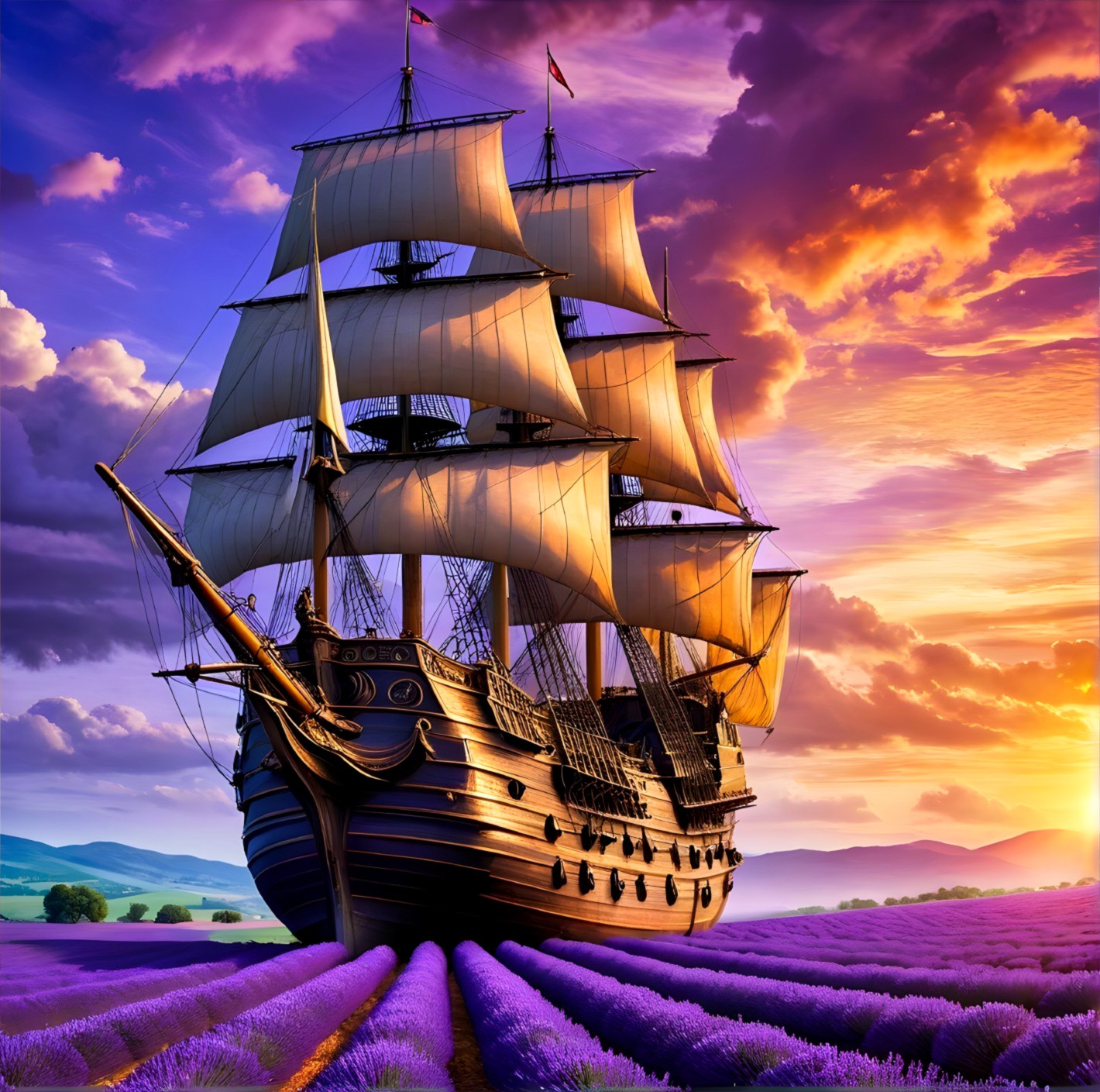 Majestic ship sailing through vibrant lavender field